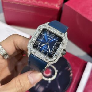 Đồng Hồ Cartier Santos Blue Dial Đính Full Kim Cương Moissanite 39 (1)