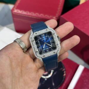 Đồng Hồ Cartier Santos Blue Dial Đính Full Kim Cương Moissanite 39 (1)
