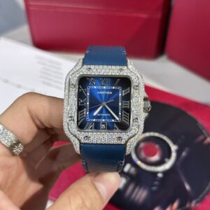 Đồng Hồ Cartier Santos Blue Dial Đính Full Kim Cương Moissanite 39 (1)
