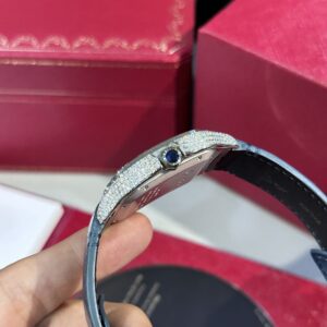 Đồng Hồ Cartier Santos Blue Dial Đính Full Kim Cương Moissanite 39 (1)