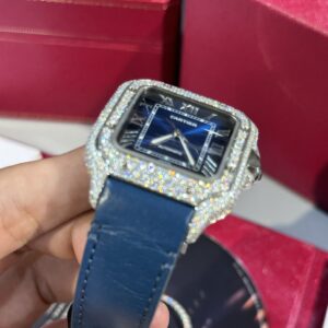 Đồng Hồ Cartier Santos Blue Dial Đính Full Kim Cương Moissanite 39 (1)
