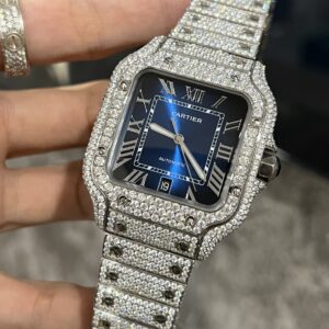 Đồng Hồ Cartier Santos Đính Full Kim Cương Moissanite Mặt Xanh 39 (4)