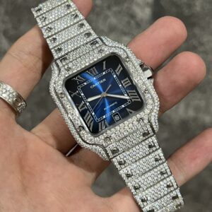 Đồng Hồ Cartier Santos Đính Full Kim Cương Moissanite Mặt Xanh 39 (4)