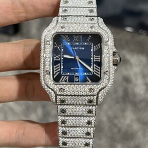 Đồng Hồ Cartier Santos Đính Full Kim Cương Moissanite Mặt Xanh 39 (4)