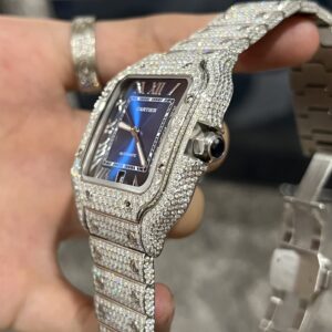 Đồng Hồ Cartier Santos Đính Full Kim Cương Moissanite Mặt Xanh 39 (4)