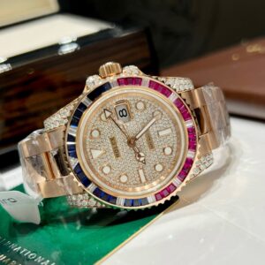 Đồng Hồ Rolex GMT-Master II 126755 SARU Replica 11 Bọc Vàng Độ Moissanite Sapphire 41mm (6)