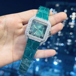 Đồng Hồ Cartier Santos Đính Moissanite Màu Xanh Lá Cây Rep 1:1 39.8mm