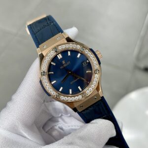 Đồng Hồ Hublot King Gold Màu Xanh Blue Đính Đá 1 Hàng HBF 38mm (1)