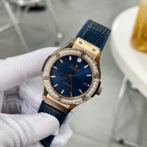 Đồng Hồ Hublot King Gold Màu Xanh Blue Đính Đá 1 Hàng HBF 38mm (1)