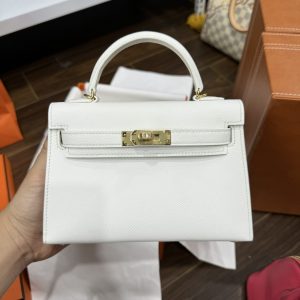 Túi Xách Hermes Kelly Mini Nữ Siêu Cấp Màu Trắng Khoá Vàng 20cm (2)
