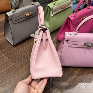 Túi Xách Hermes Kelly Nữ Màu Hồng Nhạt Khoá Bạc Siêu Cấp Size 25cm (2)