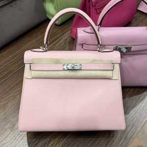 Túi Xách Hermes Kelly Nữ Màu Hồng Nhạt Khoá Bạc Siêu Cấp Size 25cm (2)