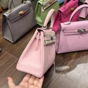 Túi Xách Hermes Kelly Nữ Màu Hồng Nhạt Khoá Bạc Siêu Cấp Size 25cm (2)