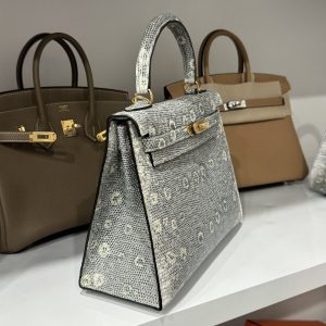 Túi Xách Nữ Hermes Kelly Da Thằn Lằn Khoá Màu Vàng Size 28cm (2)