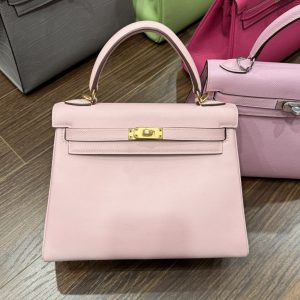 Túi Xách Nữ Hermes Kelly Màu Hồng Nhạt Khoá Vàng Siêu Cấp Size 25cm (2)
