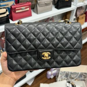 Túi Xách Hàng Hiệu Chanel Classic Da Hạt Màu Đen Khoá Vàng 25cm (2)