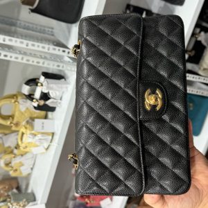Túi Xách Hàng Hiệu Chanel Classic Da Hạt Màu Đen Khoá Vàng 25cm (2)