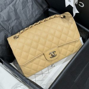 Túi Xách Hàng Hiệu Chanel Classic Nữ Màu Vàng Nhạt Khoá Bạc 25cm (2)