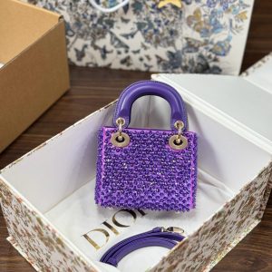 Túi Xách Hàng Hiệu Dior Lady Nữ Màu Tím Hoạ Tiết Đính Cườm 12x10 (2)