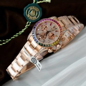 Đồng Hồ Rolex Daytona Rainbow 116595 Chế Tác Bọc Vàng Thật + Ruby + Kim Cương Moissanite 40mm (11)