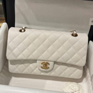 Túi Xách Chanel Classic Nữ Màu Trắng Khoá Vàng Rep 11 Cao Cấp 25cm (2)
