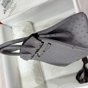 Túi Xách Hermes Birkin Chế Tác Cận Auth Da Đà Điểu Màu Xám 25cm (2)