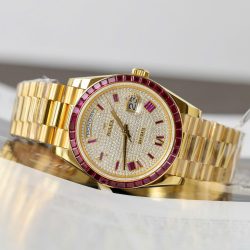 Đồng Hồ Rolex Day-Date Độ Ruby Đỏ + Kim Cương Moissanite Bọc Vàng Thật GMF 40mm (2)