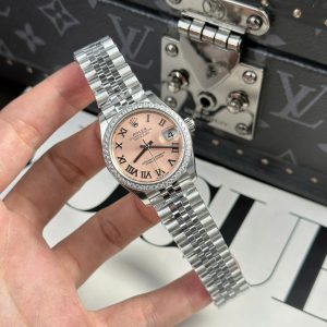 Đồng Hồ Nữ Rolex DateJust Replica 11 Mặt Hồng Viền Đính Đá Nhà Máy THB 31mm (2)