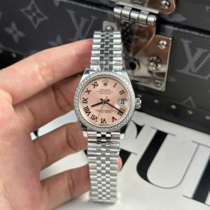 Đồng Hồ Nữ Rolex DateJust Replica 11 Mặt Hồng Viền Đính Đá Nhà Máy THB 31mm (2)
