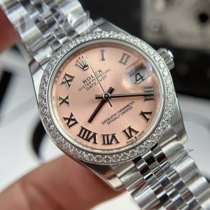 Đồng Hồ Nữ Rolex DateJust Replica 11 Mặt Hồng Viền Đính Đá Nhà Máy THB 31mm (2)