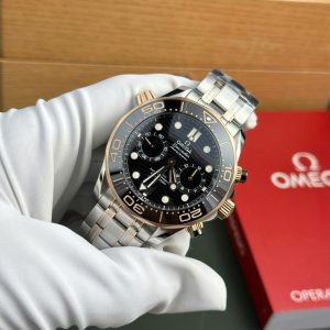 Đồng Hồ Omega Rep 11 Seamaster Diver 300M Chronograph Demi Vàng Hồng Mặt Đen N1 44mm (9)