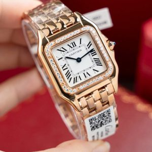 Đồng Hồ Cartier Panthere WJPN0009 Replica 11 Mạ Vàng Hồng Viền Đính Kim Cương Moissanite 27x37mm (2)