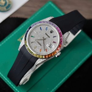 Đồng Hồ Rolex DateJust Fake 11 Đính Đá 7 Màu Dây Cao Su 41mm (2)