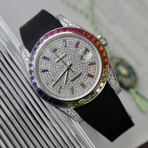 Đồng Hồ Rolex DateJust Fake 11 Đính Đá 7 Màu Dây Cao Su 41mm (2)
