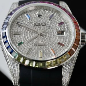Đồng Hồ Rolex DateJust Fake 11 Đính Đá 7 Màu Dây Cao Su 41mm (2)