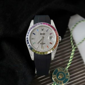 Đồng Hồ Rolex DateJust Fake 11 Đính Đá 7 Màu Dây Cao Su 41mm (2)