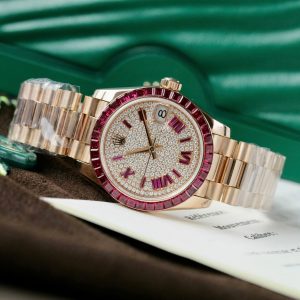 Đồng Hồ Rolex DateJust Nữ Chế Tác Bọc Vàng Thật + Ruby Baguette + Moissanite 31mm (2)