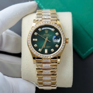 Đồng Hồ Rolex Day-Date Chế Tác Mặt Xanh Ombre Bọc Vàng Thật + Đính Kim Cương Moissanite 36mm (2)