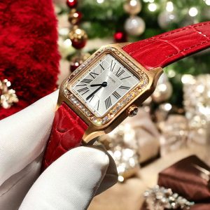 Đồng Hồ Cartier Santos Dumont WJSA0017 Màu Đỏ Chế Tác Bọc Vàng + Kim Cương Moissanite 33x38mm (2)