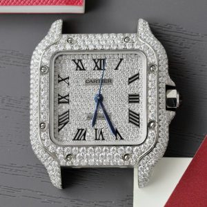 Đồng Hồ Cartier Santos Nữ Chế Tác Đính Full Kim Cương Moissanite Dây Da 35mm (2)