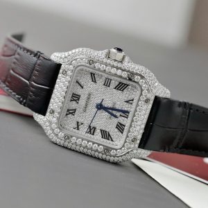 Đồng Hồ Cartier Santos Nữ Chế Tác Đính Full Kim Cương Moissanite Dây Da 35mm (2)
