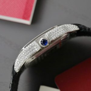Đồng Hồ Cartier Santos Nữ Chế Tác Đính Full Kim Cương Moissanite Dây Da 35mm (2)