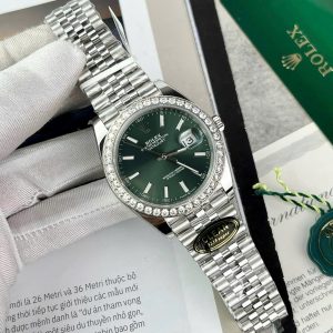 Đồng Hồ Rolex DateJust Mặt Xanh Lá Cây Chế Tác Viền Đính Kim Cương Nhân Tạo 41mm (2)