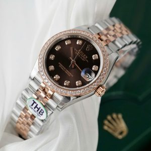 Đồng Hồ Rolex Nữ DateJust Replica 1 1 Mặt Chocolate Viền Đính Đá Xưởng THB 31mm (2)