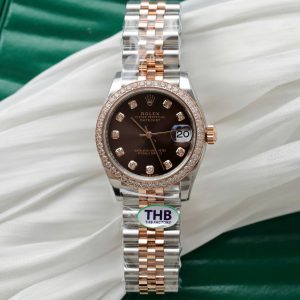 Đồng Hồ Rolex Nữ DateJust Replica 1 1 Mặt Chocolate Viền Đính Đá Xưởng THB 31mm (2)