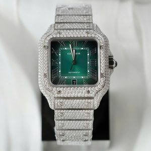 Đồng Hồ Cartier Santos Chế Tác Đính Full Kim Cương Moissanite Mặt Xanh Lá Cây Xưởng BV 39 (2)