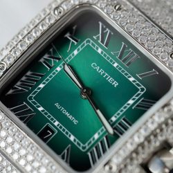 Đồng Hồ Cartier Santos Chế Tác Đính Full Kim Cương Moissanite Mặt Xanh Lá Cây Xưởng BV 39 (2)