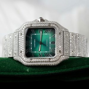 Đồng Hồ Cartier Santos Chế Tác Đính Full Kim Cương Moissanite Mặt Xanh Lá Cây Xưởng BV 39 (2)