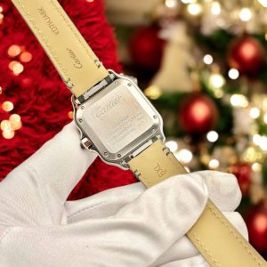 Đồng Hồ Cartier Santos Nữ Mặt Trắng Chế Tác Đính Kim Cương Moissanite Xưởng BV 35mm (2)