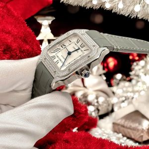 Đồng Hồ Cartier Santos Nữ Mặt Trắng Chế Tác Đính Kim Cương Moissanite Xưởng BV 35mm (2)